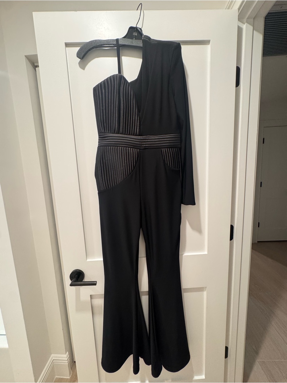 Zhivago Black One-Shoulder Textured Panel Jumpsuit